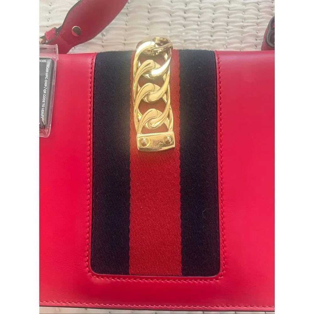 Authentic GUCCI Red Calfskin Leather Small Sylvie Shoulder Bag